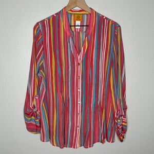 Ruby Rd Womens Button Up Shirt Large Pink Multicolor Stripe Popover Sheer Summer